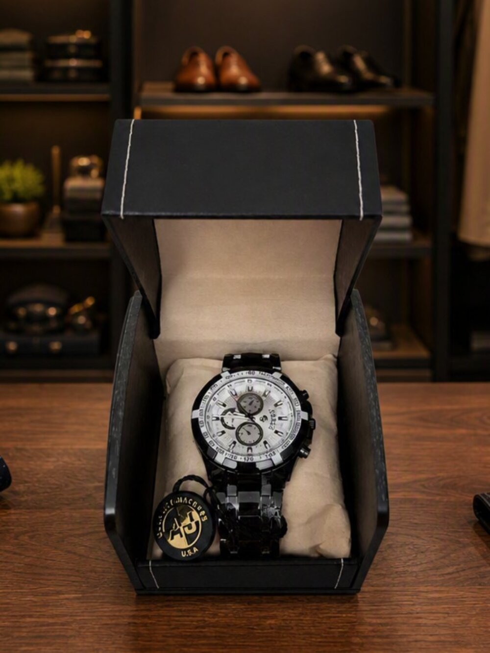 AJ USA Men’s Black Stainless Steel Chronograph Watch NIB